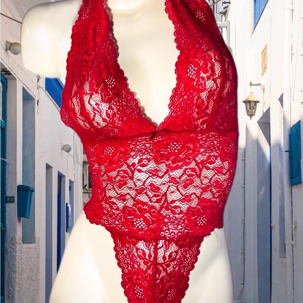 Nordstrom, Sexy, Red, Stretch Lace, High Cut Leg, Zephr bodysuit. Size Small